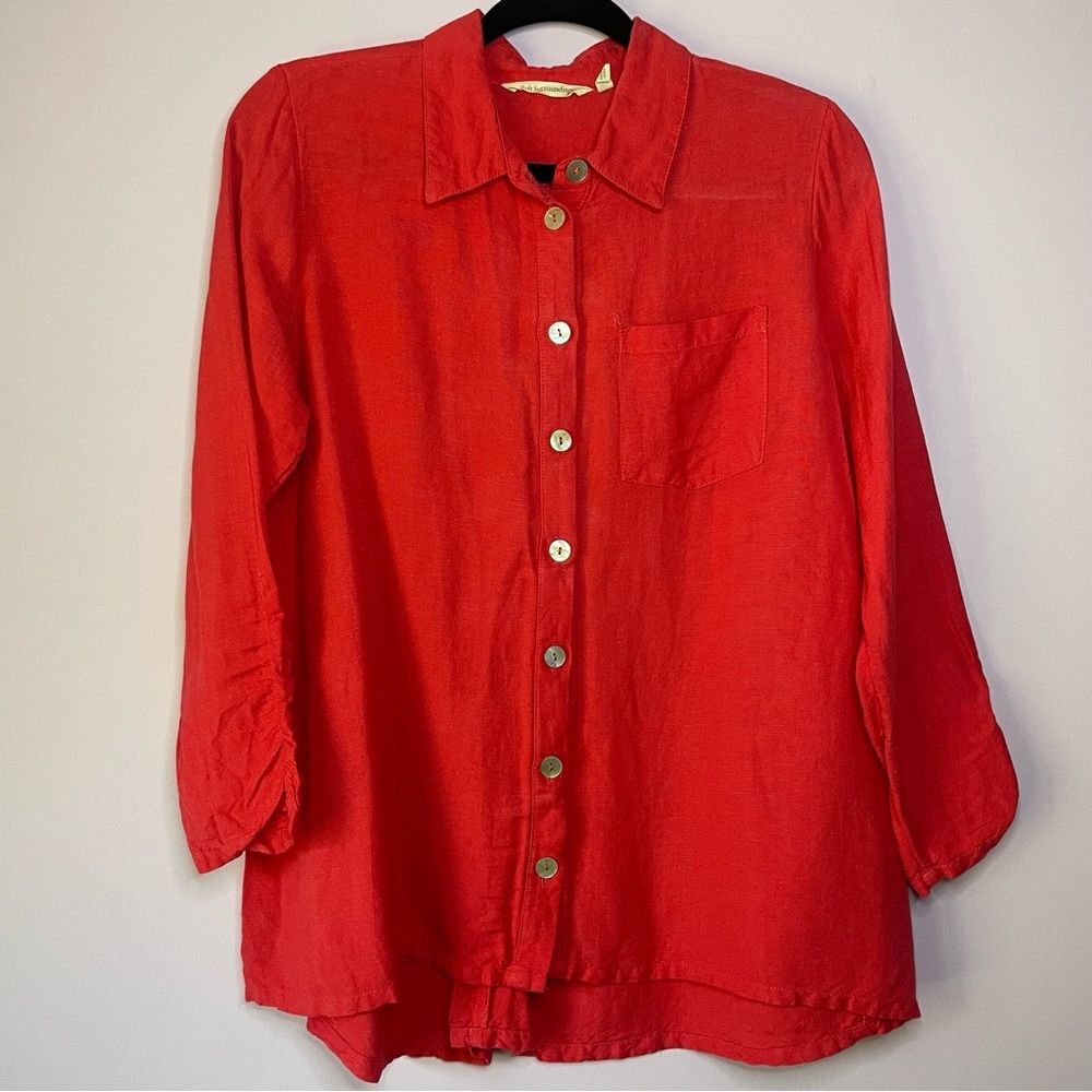 Soft Surroundings Red Linen Blend Button Front Zipper Back Lagenlook Cardigan PM